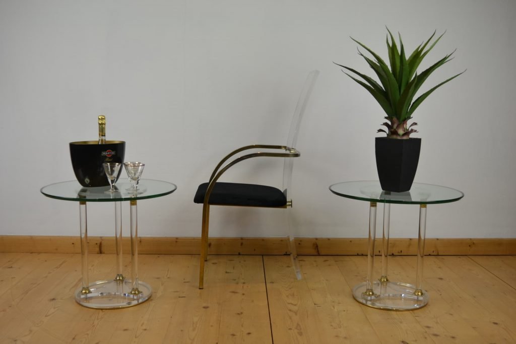 Round Plexiglass Side Tables with Glass Table Top and Brass Details