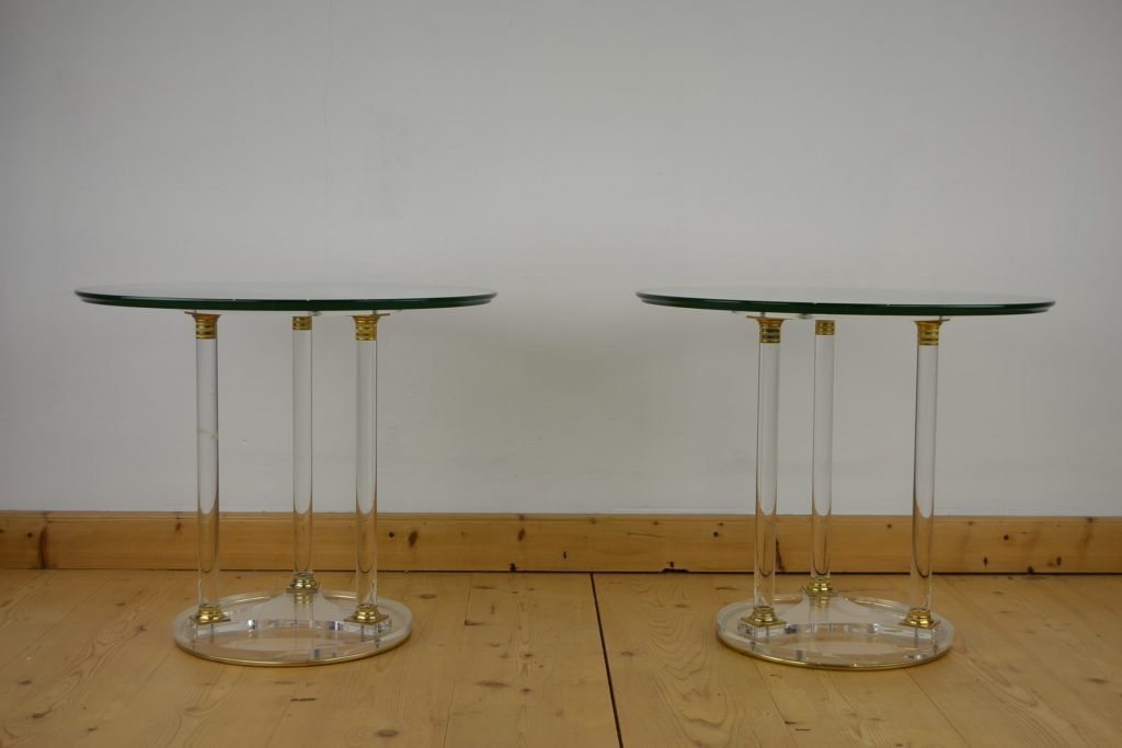 Round Plexiglass Side Tables with Glass Table Top and Brass Details